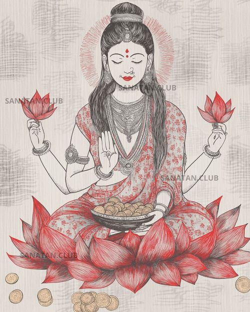 A minimal, beautiful, dual-tone, red, gray, and white colored, poster, wall decor, painting, pencil art like representation of Hindu Goddess Lakshmi suitable for wall posters A minimal, beautiful, dual-tone, red, gray, and white colored, poster, wall decor, painting, pencil art like representation of Hindu Goddess Lakshmi suitable for wall posters